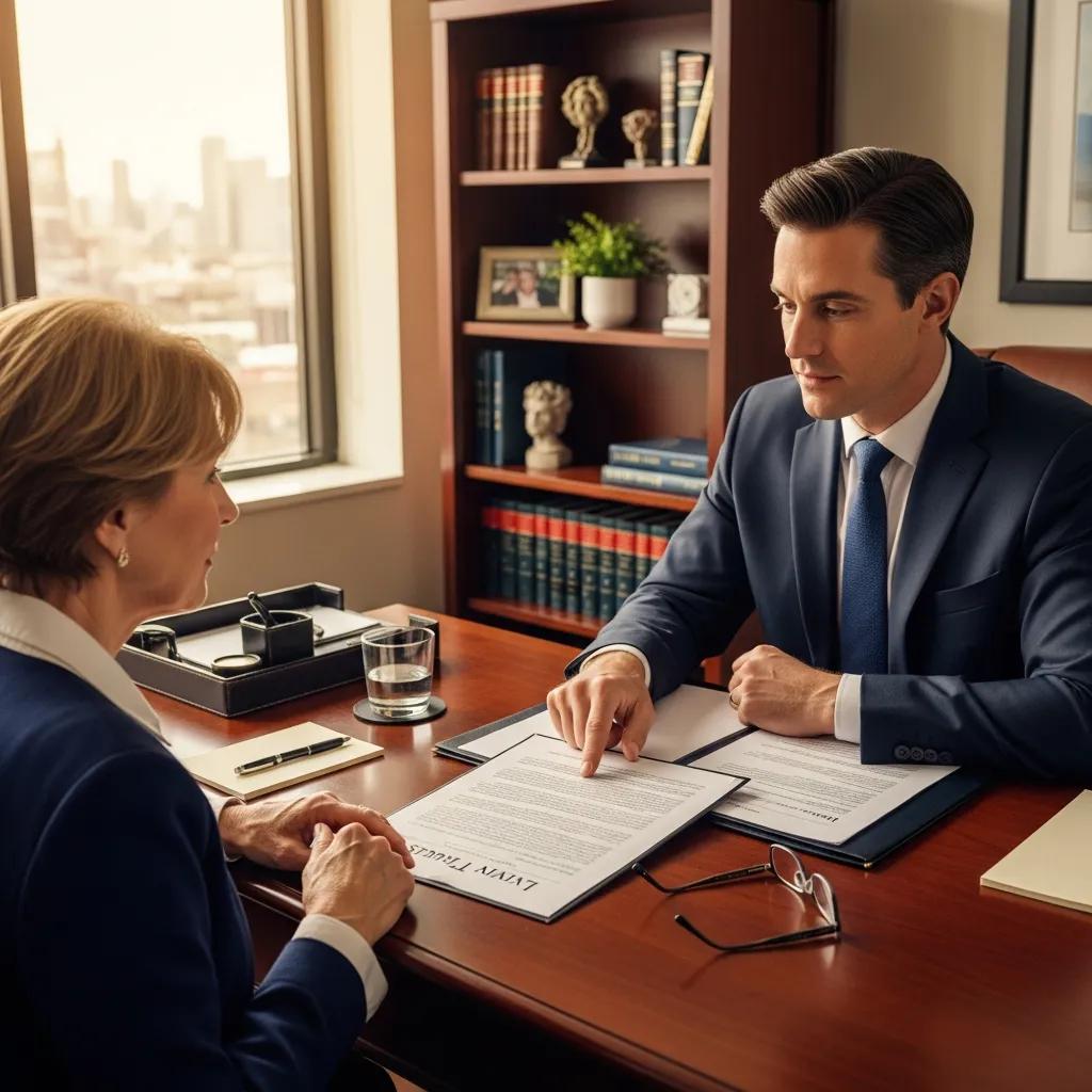 Attorney assisting client with living trust document in a professional office setting