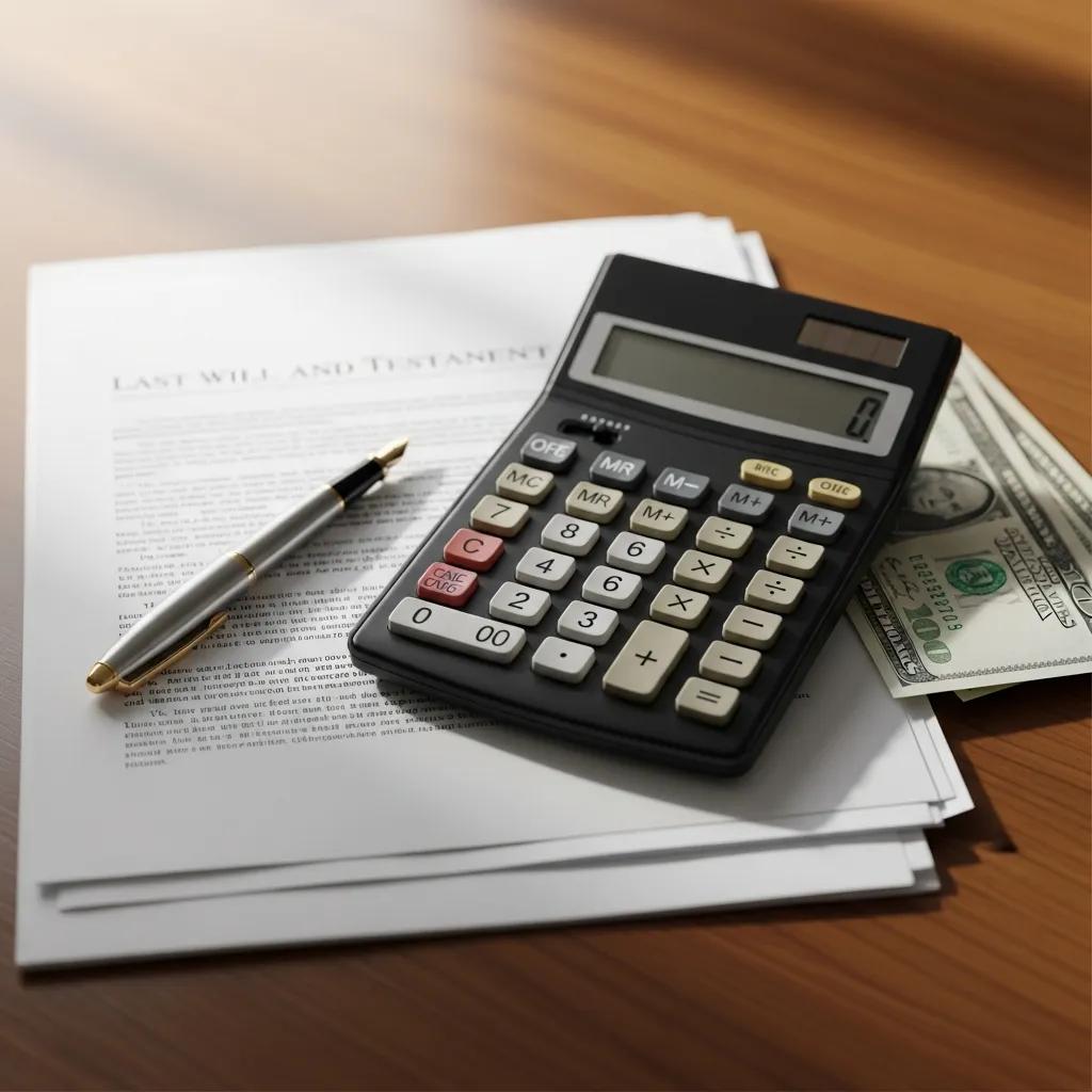 Calculator and legal documents representing costs associated with probate