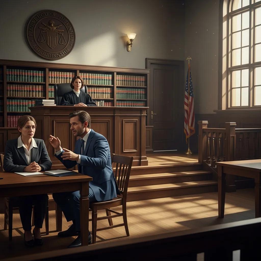 Courtroom scene during a guardianship hearing with judge and petitioner