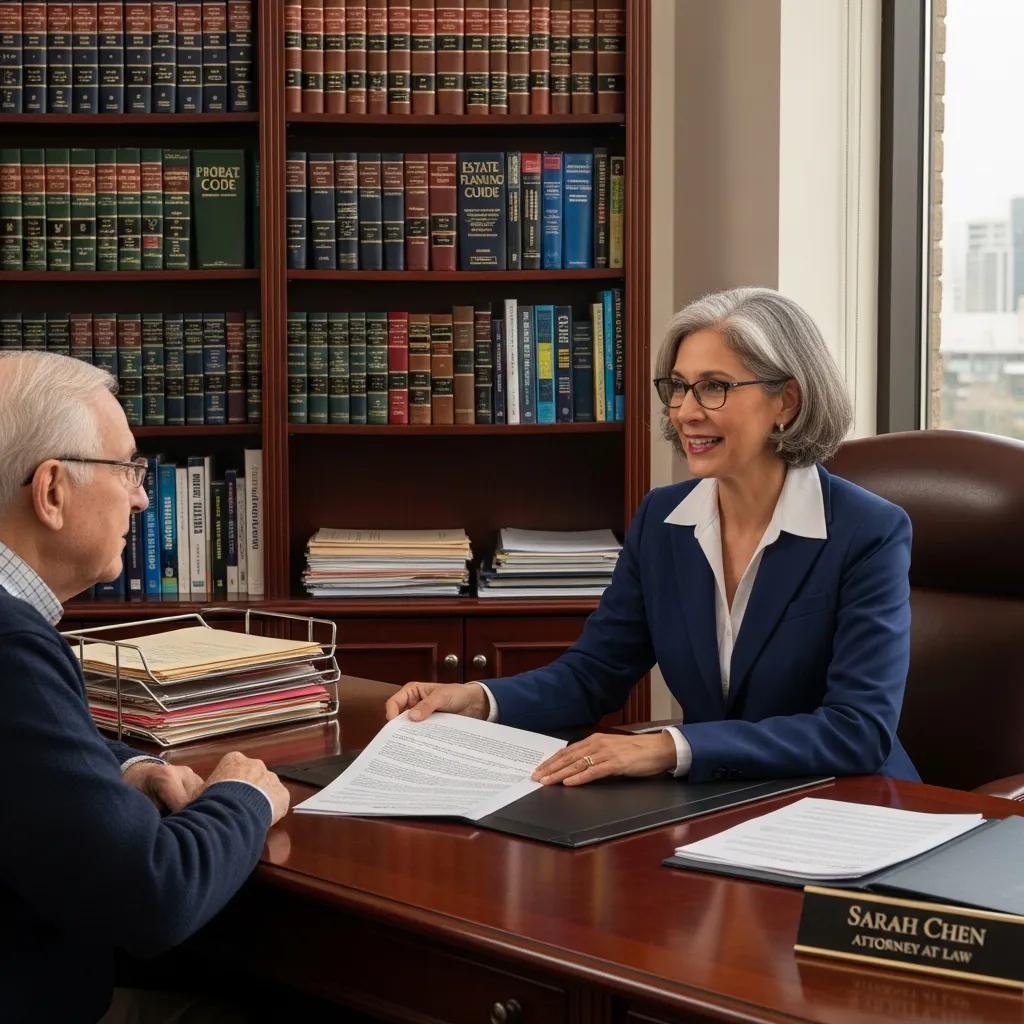 Elder law attorney consulting with a client about conservatorship in an office