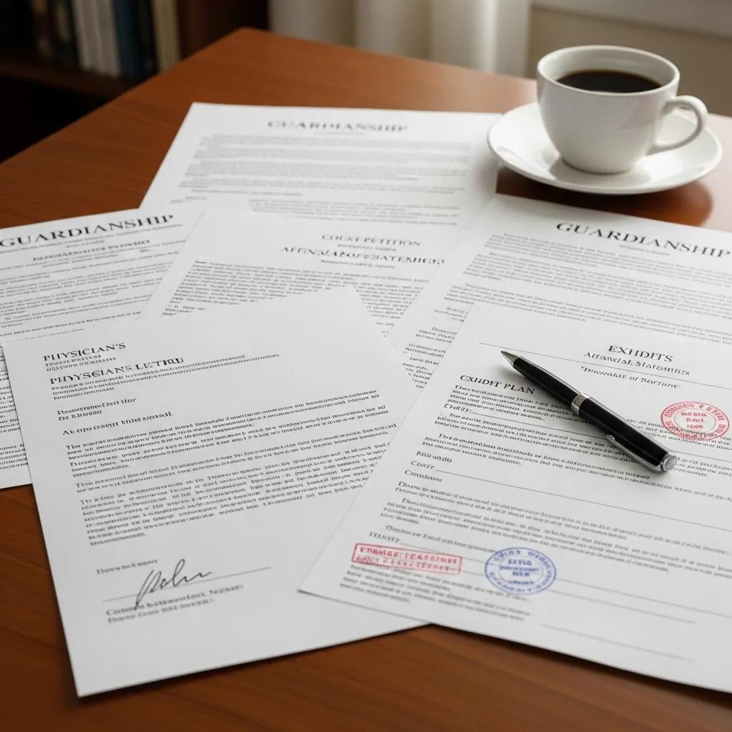 Essential legal documents for guardianship petition on a desk