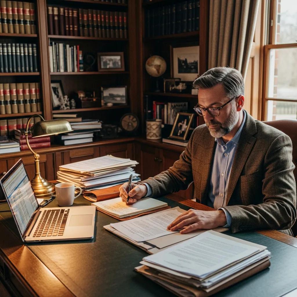 Executor reviewing documents in a home office, representing responsibilities in probate