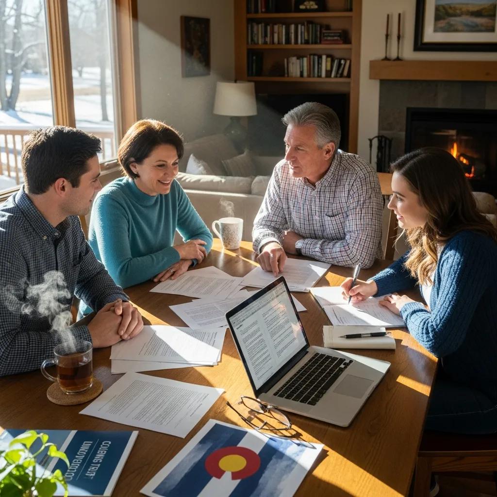 Family discussing estate planning with documents and laptop, emphasizing living trust importance