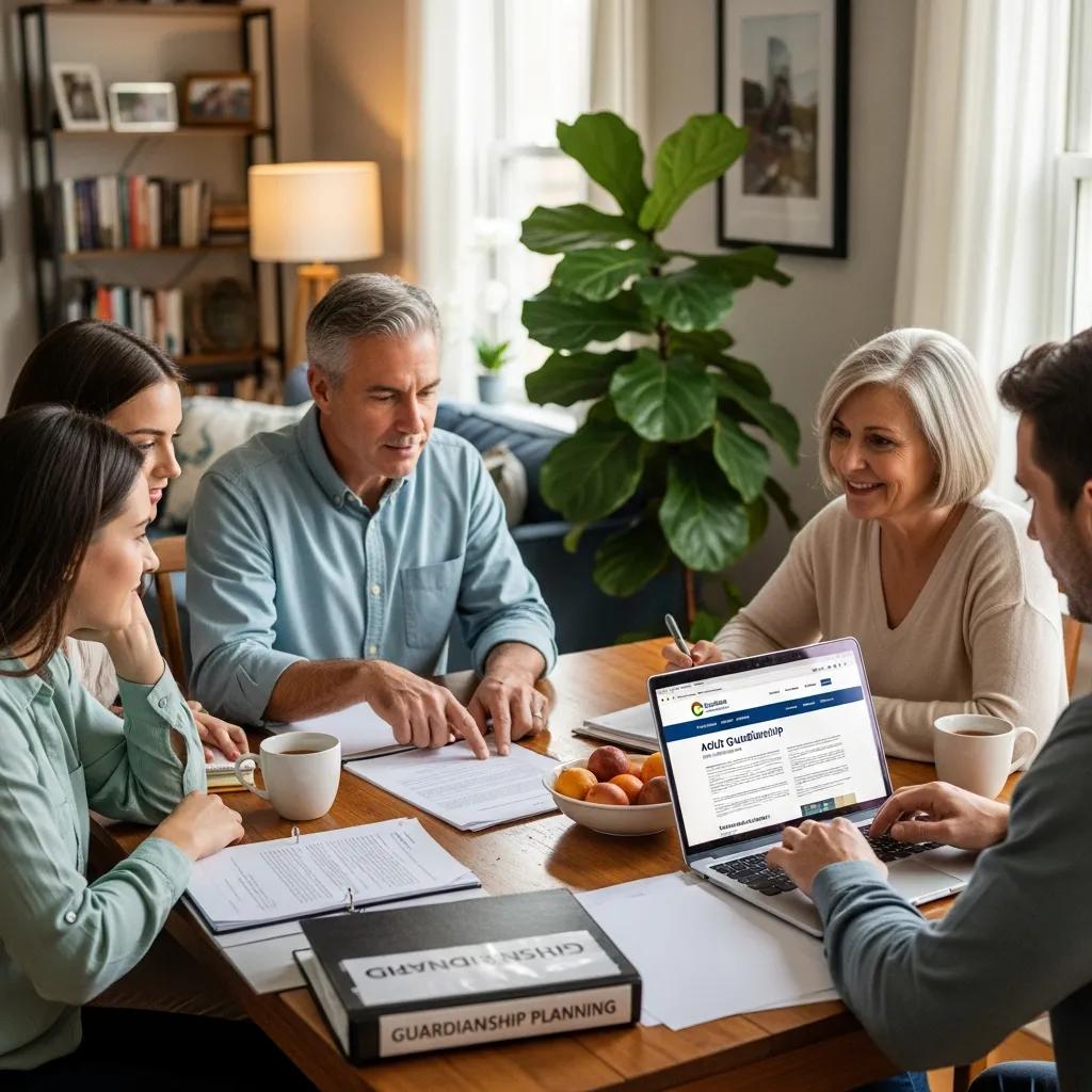 Family discussing guardianship options with legal documents and a laptop