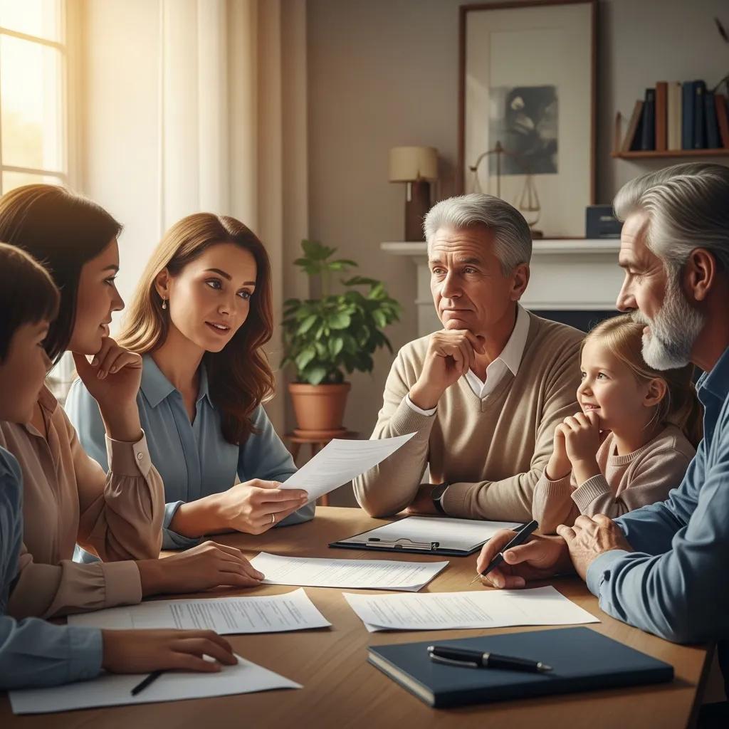 Family discussing legal documents about contesting a will in a warm, inviting setting