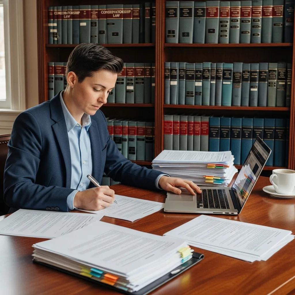 Individual preparing legal documents for conservatorship petition at a desk