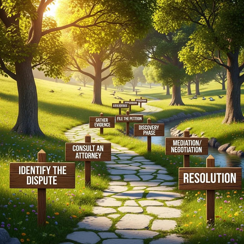 Pathway with signposts illustrating the step-by-step probate process for will contests