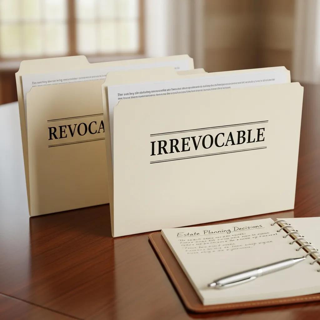 Two folders labeled Revocable and Irrevocable living trusts on a desk, representing estate planning options